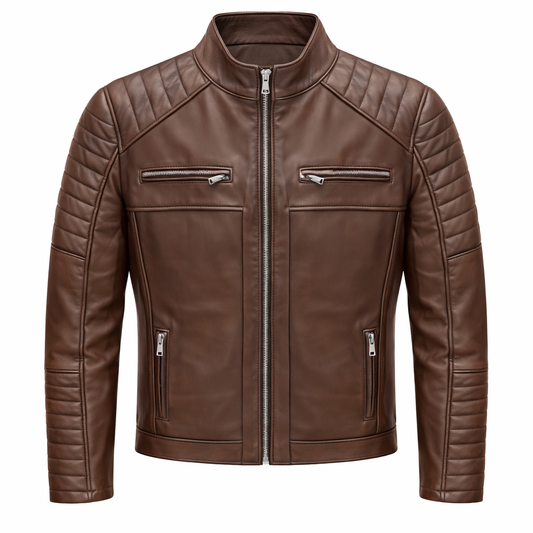 Erkek Hakiki Deri Kahverengi Biker Ceket – Modern Slim Fit