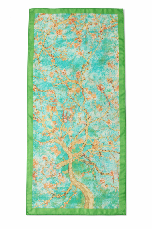 Yeşil Kenar Detaylı Turkuaz Desenli %100 Saf İpek Fular