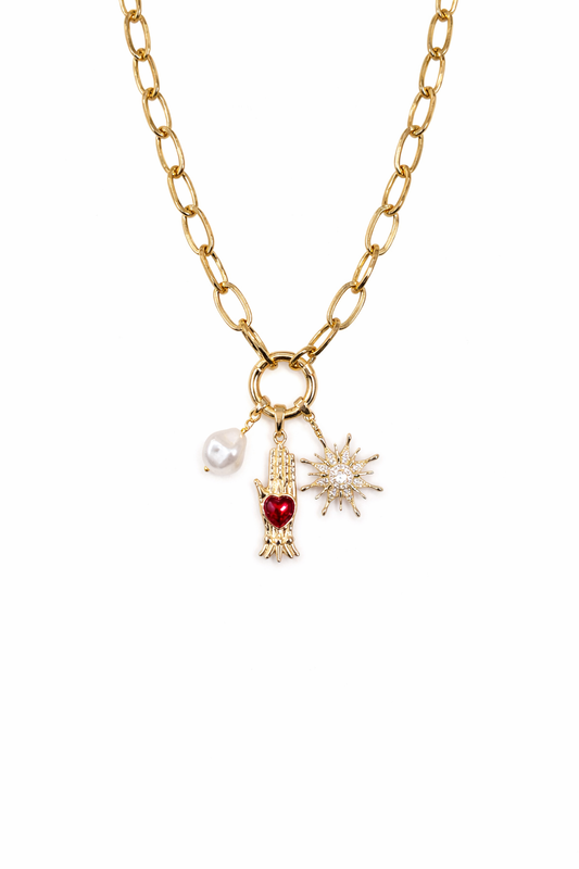 Çelik Kilitli Çıkarılabilir Charmlı Ataç Kolye (Güneş & El Figürü Detaylı)