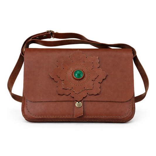 El Yapımı Hakiki Deri Kadın Omuz Çantası – Doğal Taş Detaylı