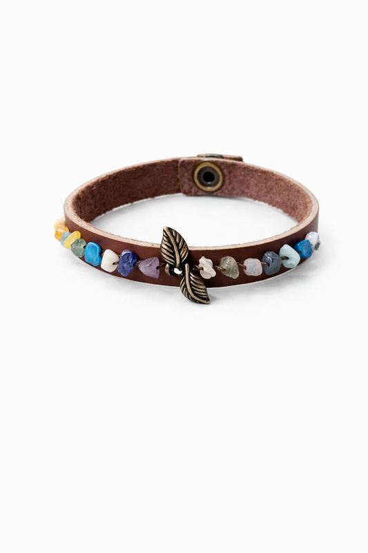 El Yapımı Hakiki Deri Doğal Taşlı Yaprak Figürlü Bileklik