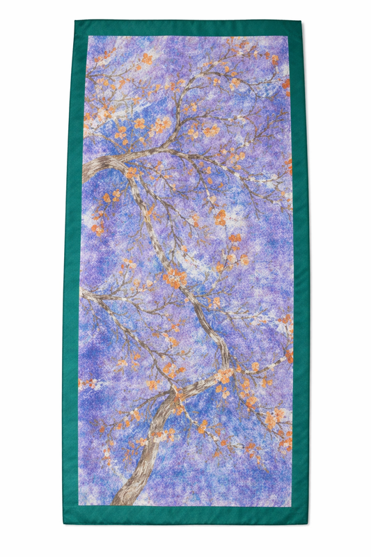 Türbe Yeşili Kenar Detaylı Mavi Çiçek Desenli %100 Saf İpek Fular