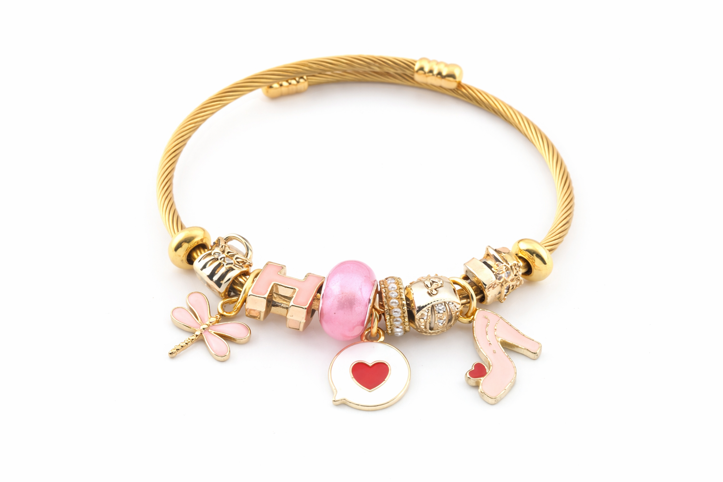 Çelik Pandora Pembe Charm Bileklik - Gold