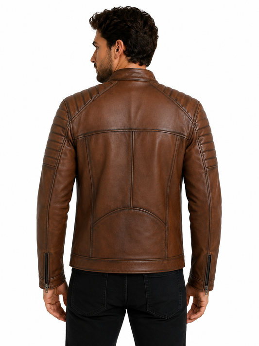 ARVEN Deri Hakiki Deri Erkek Mont Taba Dik Yaka Fermuarlı Slim Fit Ceket