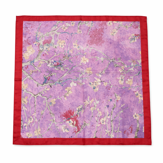 Kırmızı Kenar Detaylı Lila Çiçek Desenli %100 Saf İpek Fular