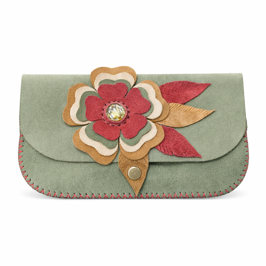 El Yapımı Hakiki Deri Çiçek Detaylı Kadın Cüzdan