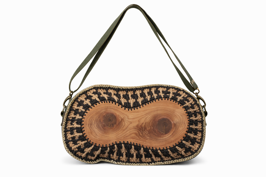 El Yapımı Ahşap Detaylı Örgü Deri Çanta