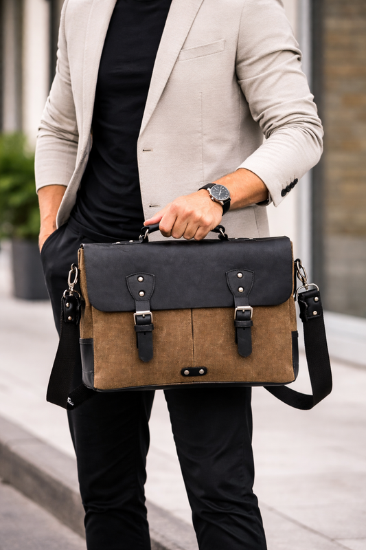 Arven Premium Deri & Mumlu Kanvas Evrak Çantası – Laptop Uyumlu Şık Omuz Çantası (38x26 cm)