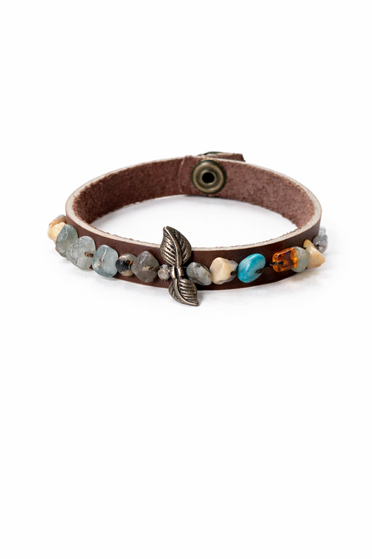 El Yapımı Hakiki Deri Doğal Taşlı Yaprak Figürlü Bileklik