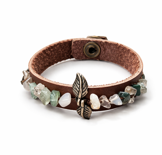 El Yapımı Hakiki Deri Doğal Taşlı Yaprak Figürlü Bileklik
