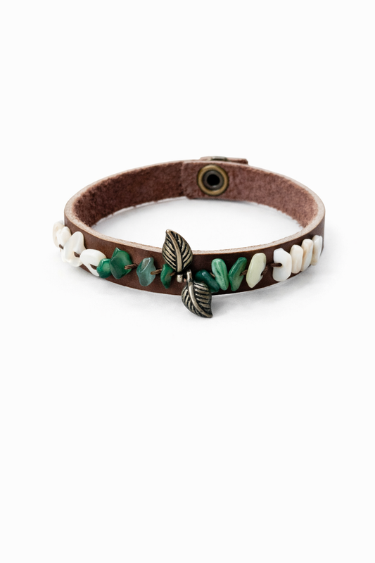 El Yapımı Hakiki Deri Doğal Taşlı Yaprak Figürlü Bileklik