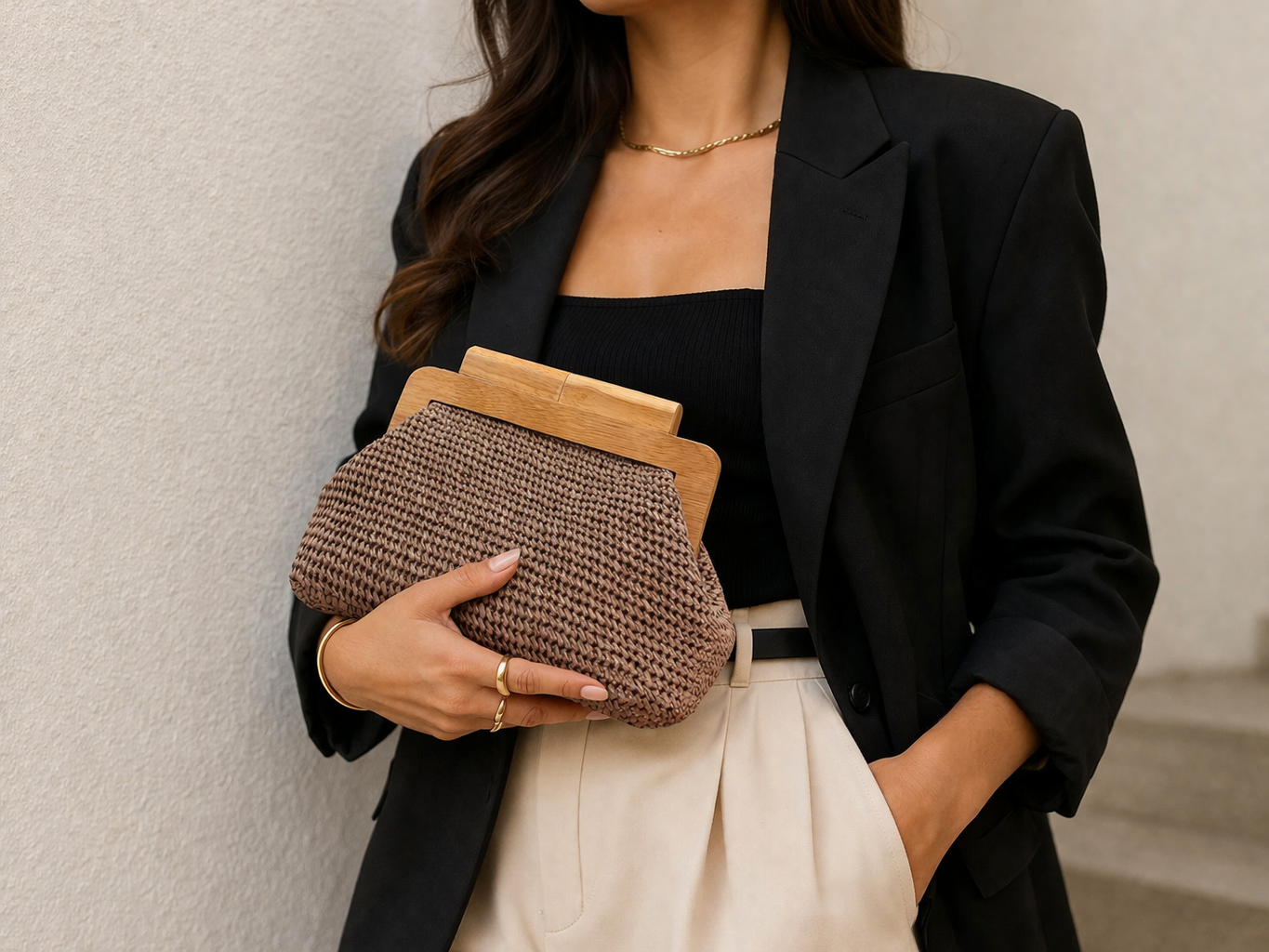 El Yapımı Ahşap Saplı Rafya Clutch Çanta