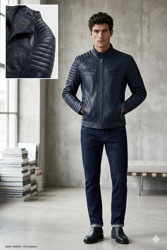 Erkek Lacivert Hakiki Deri Biker Mont