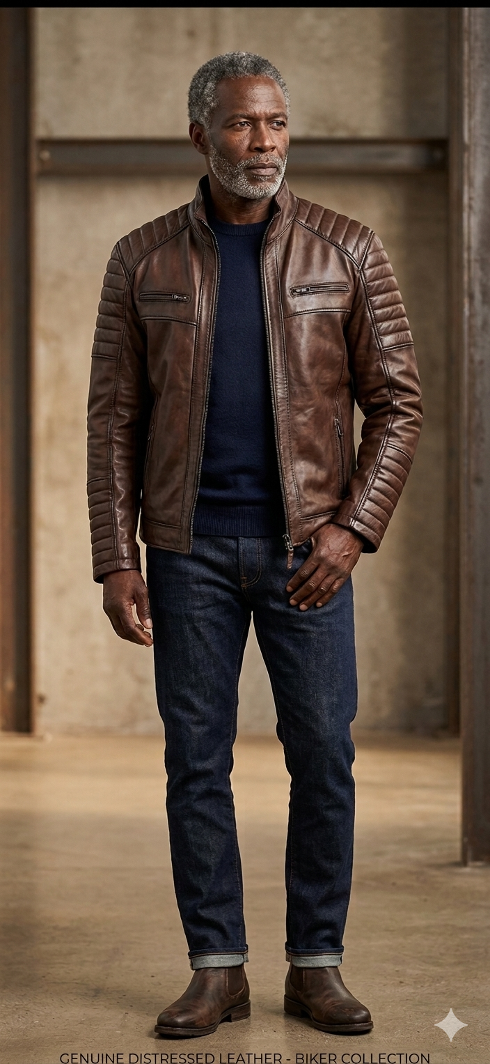Erkek Hakiki Deri Kahverengi Biker Ceket – Modern Slim Fit