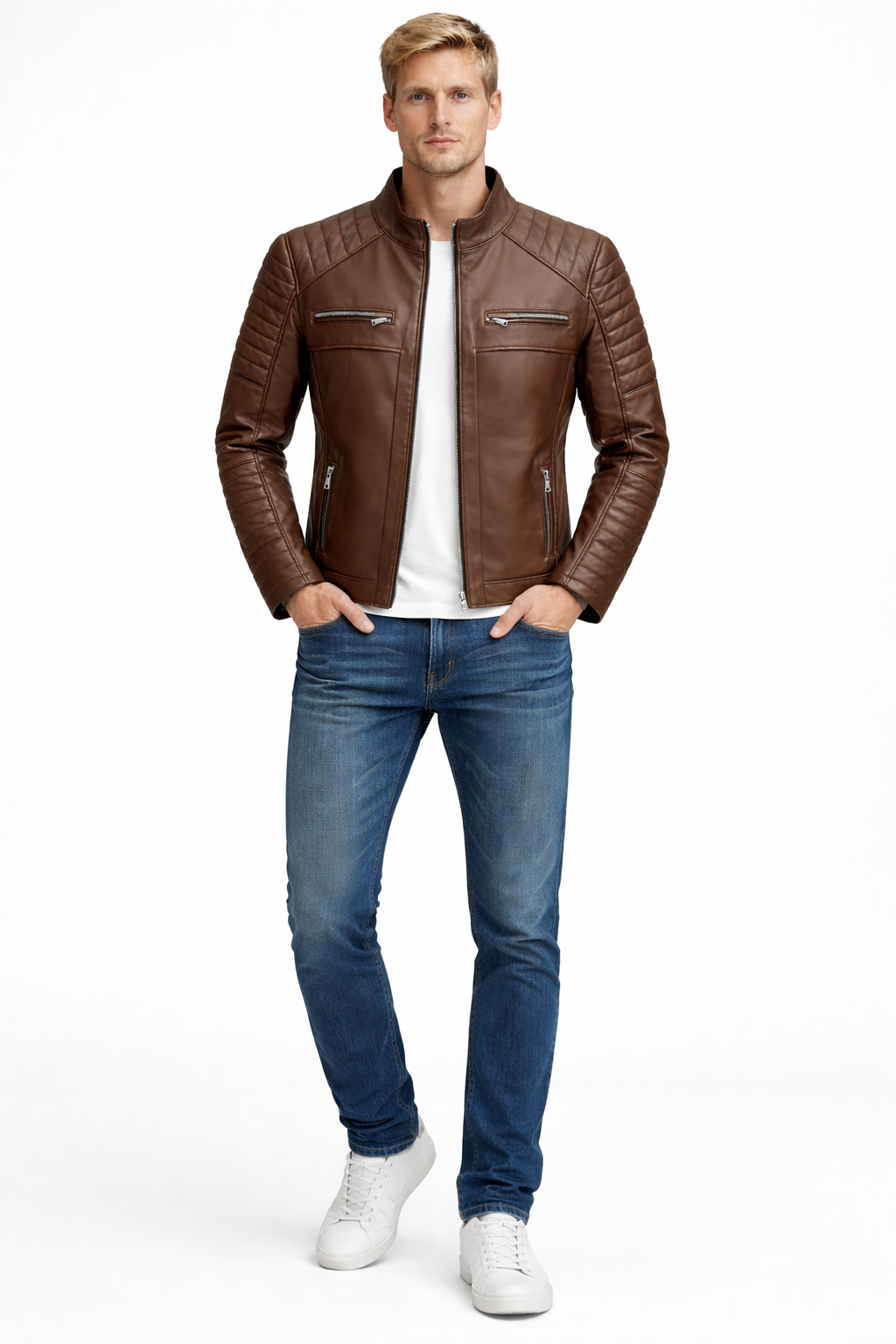 Erkek Hakiki Deri Kahverengi Biker Ceket – Modern Slim Fit