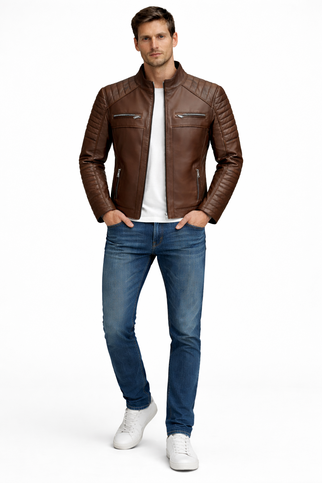 Erkek Hakiki Deri Kahverengi Biker Ceket – Modern Slim Fit