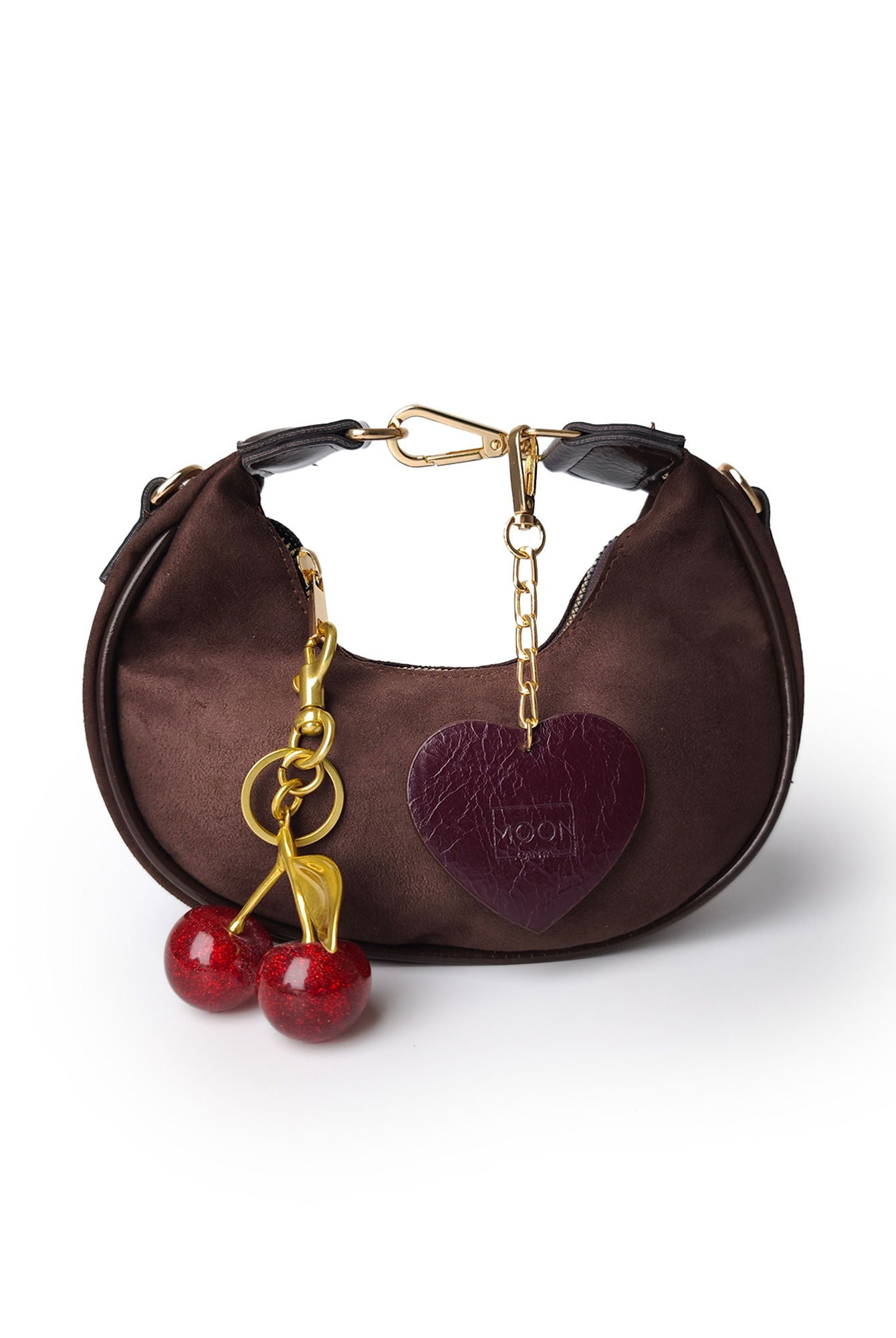 Süet Mini Omuz & El Çantası – Kiraz Charm Detaylı Kahverengi