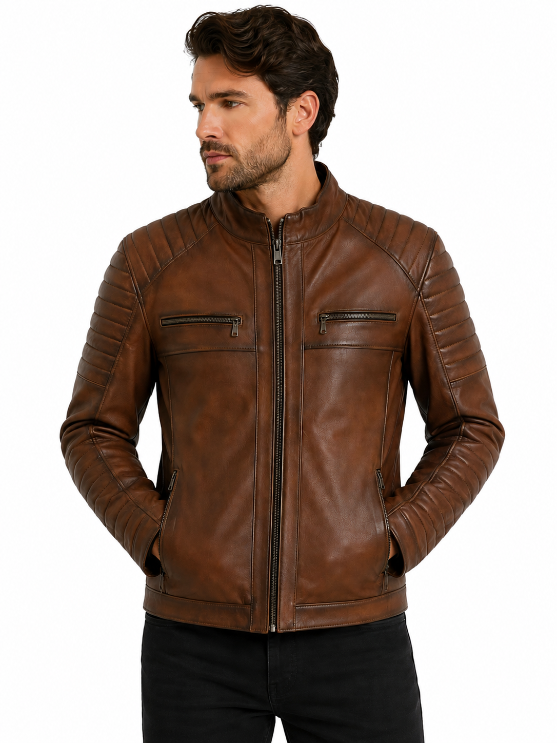 ARVEN Deri Hakiki Deri Erkek Mont Taba Dik Yaka Fermuarlı Slim Fit Ceket