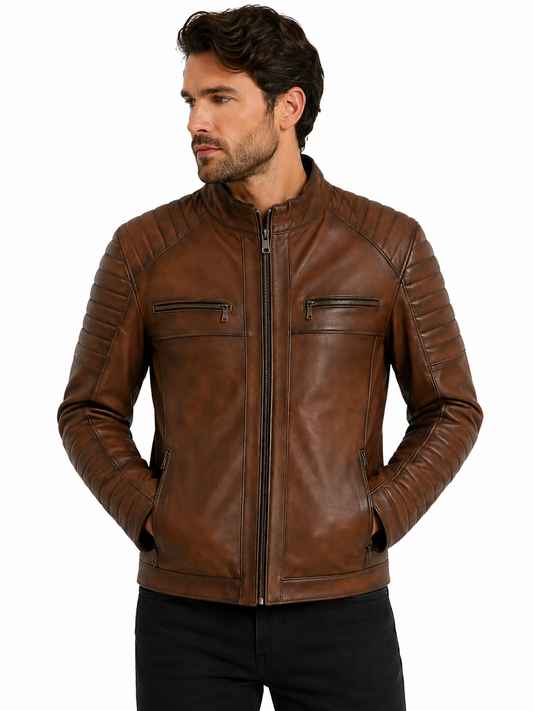 ARVEN Deri Hakiki Deri Erkek Mont Taba Dik Yaka Fermuarlı Slim Fit Ceket