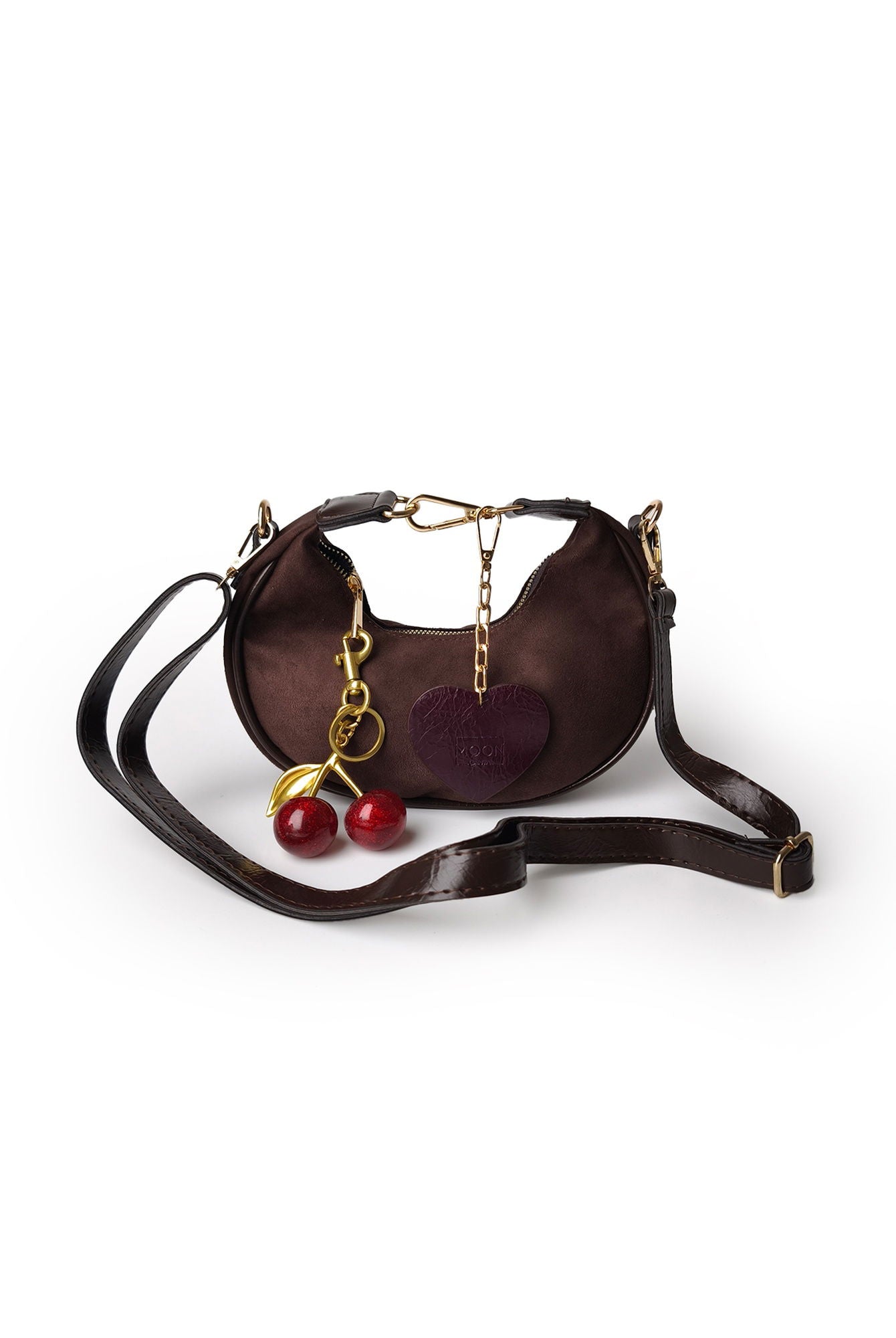 Süet Mini Omuz & El Çantası – Kiraz Charm Detaylı Kahverengi