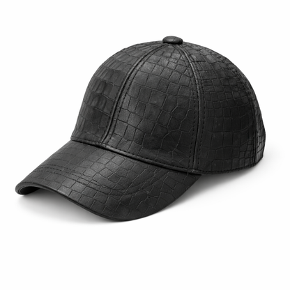 🧢 Hakiki Deri Kroko Desenli Şapka – Siyah