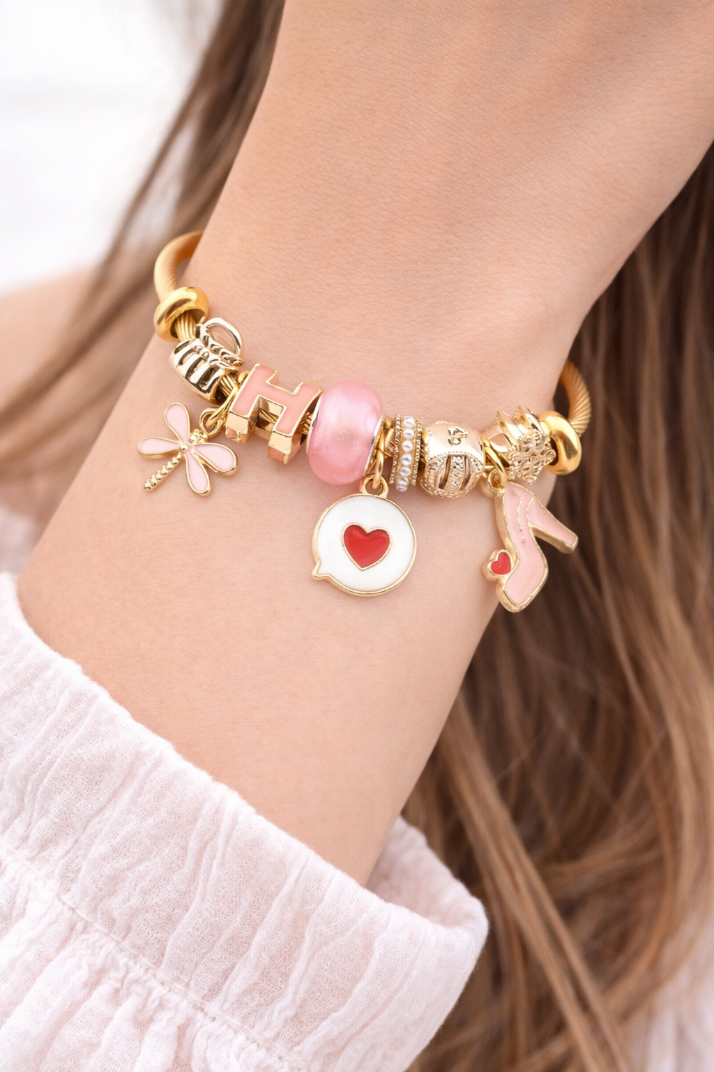 Çelik Pandora Pembe Charm Bileklik - Gold
