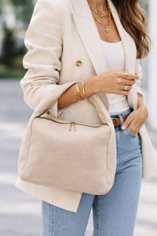 Krem Süet Omuz Çantası