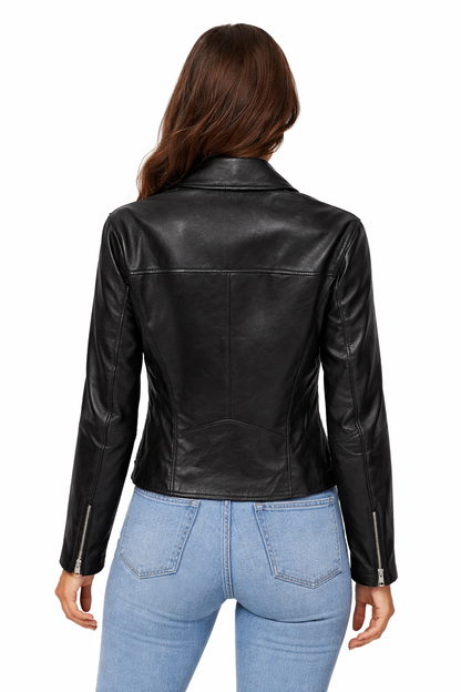 Hakiki Deri Kadın Biker Ceket – Siyah Premium