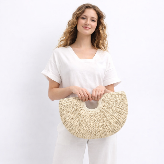 Bej Hasır El Örgüsü Fermuarlı El Çantası – Doğal Şık Yazlık Çanta