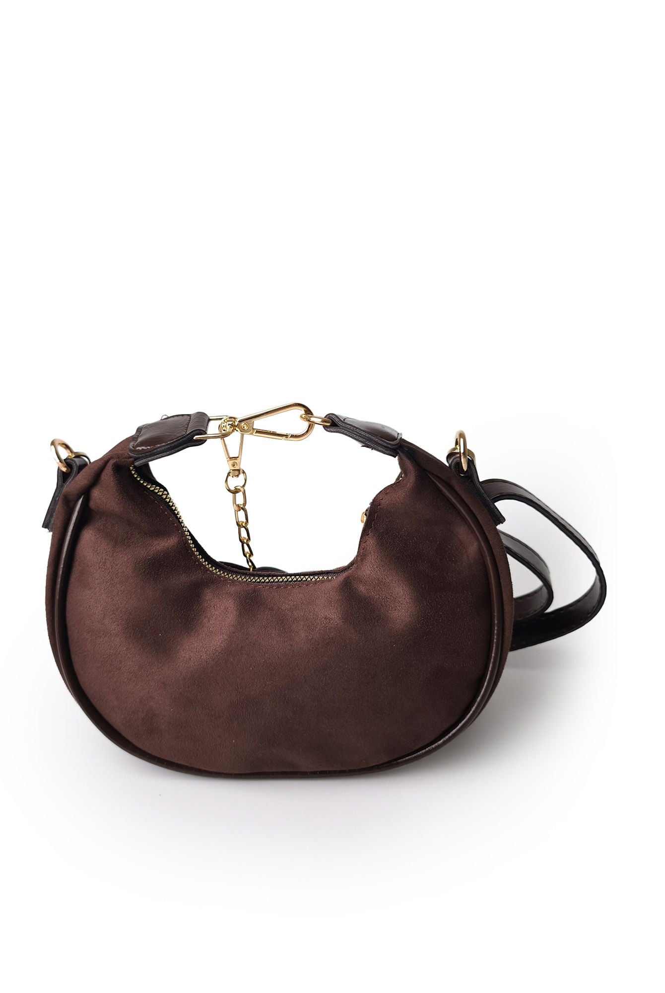 Süet Mini Omuz & El Çantası – Kiraz Charm Detaylı Kahverengi
