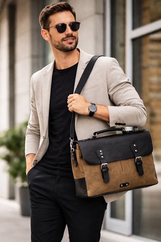 Arven Premium Deri & Mumlu Kanvas Evrak Çantası – Laptop Uyumlu Şık Omuz Çantası (38x26 cm)