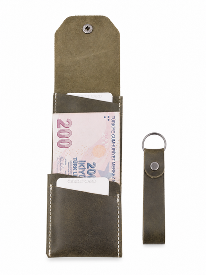 Hakiki Deri El Yapımı Cüzdan ve Deri Anahtarlık Seti – Haki Yeşili