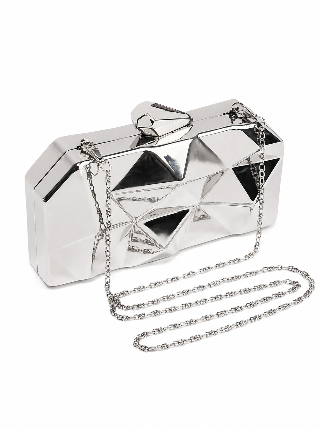 Metalik Gümüş Geometrik Abiye Clutch Çanta Zincir Askılı Kadın El Çantası
