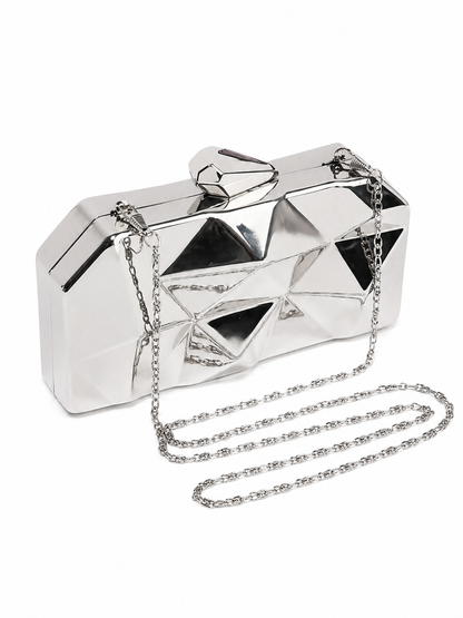 Metalik Gümüş Geometrik Abiye Clutch Çanta Zincir Askılı Kadın El Çantası