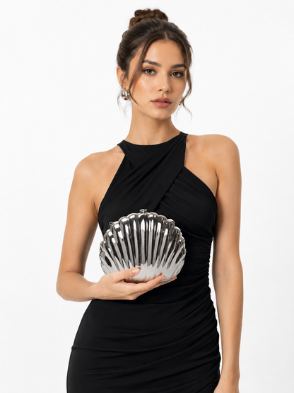 Metalik Gümüş Deniz Kabuğu Tasarımlı Kadın Abiye Clutch Çanta