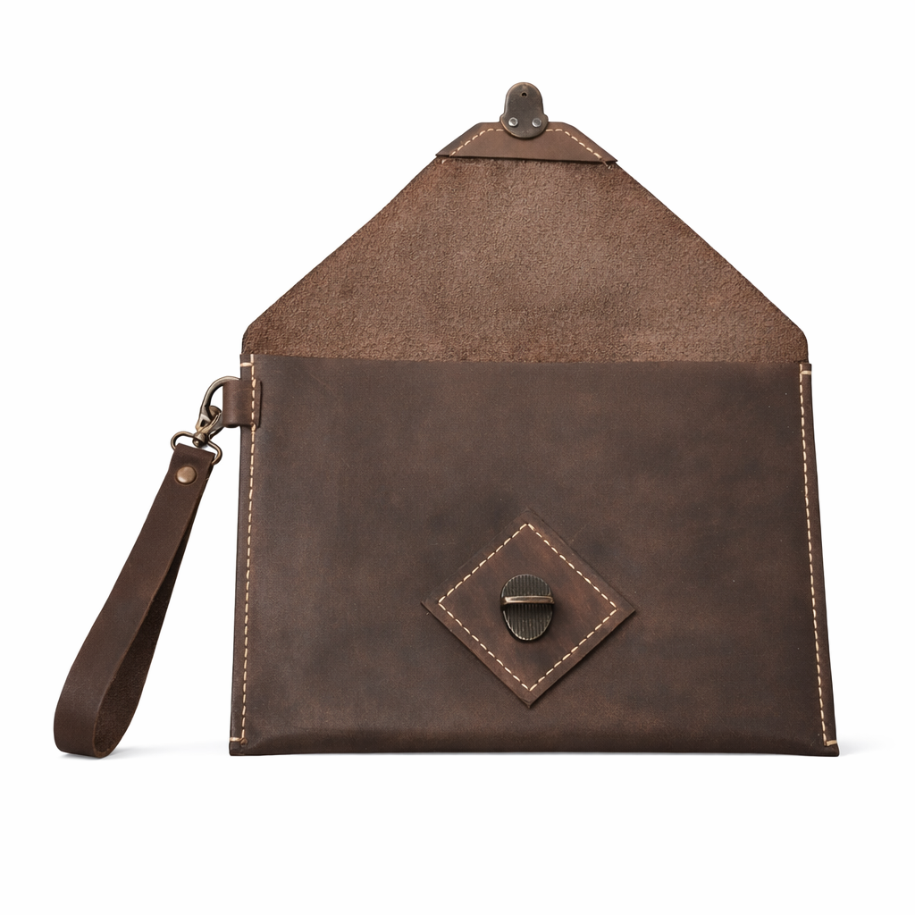 El Yapımı Hakiki Deri Mini Tablet Portföy Çanta – 17×25 cm Vintage Deri Clutch