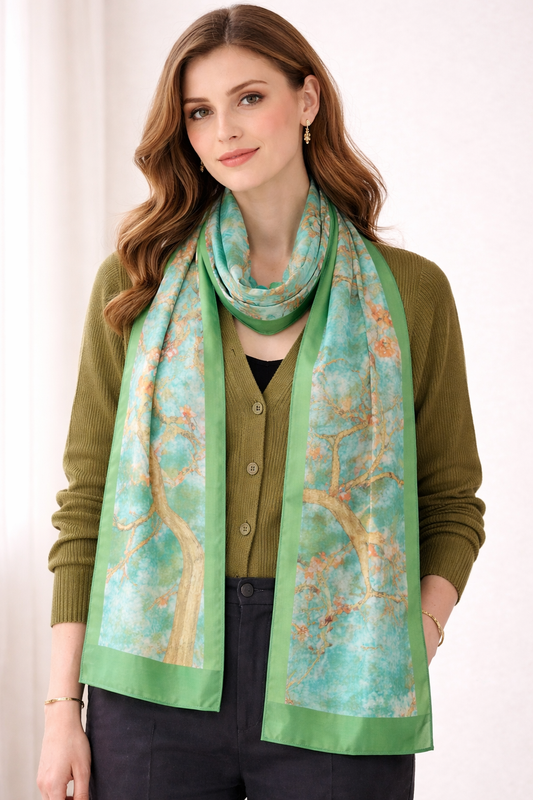 Yeşil Kenar Detaylı Turkuaz Desenli %100 Saf İpek Fular