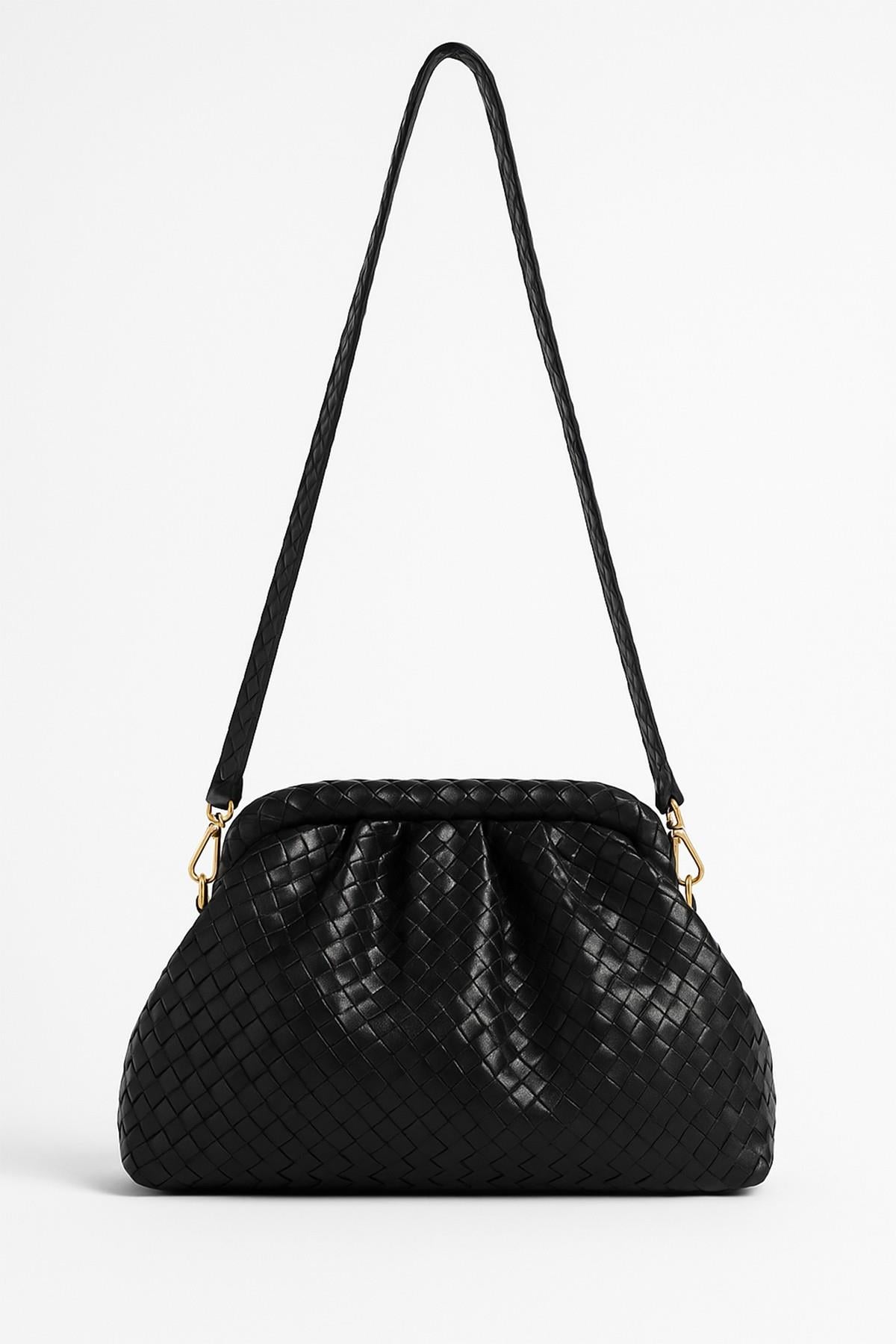 Siyah Örgü Deri Clutch Çanta