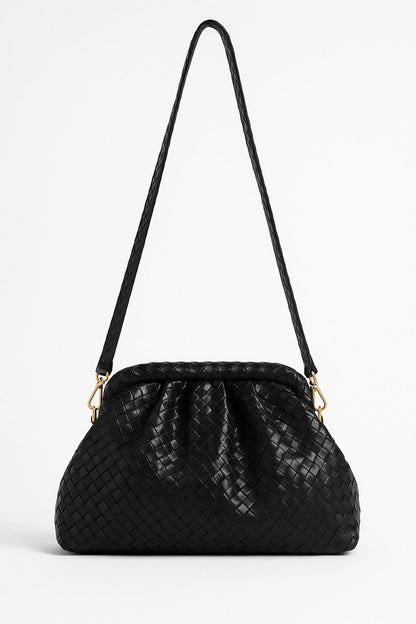 Siyah Örgü Deri Clutch Çanta