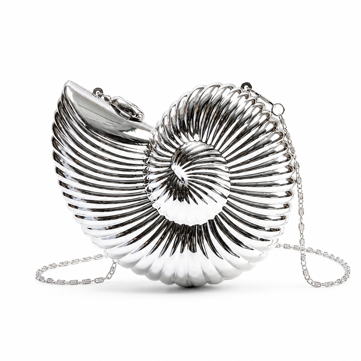 Gümüş Deniz Kabuğu Formlu Zincir Askılı Kadın Clutch Çanta
