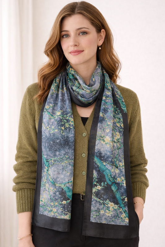 Siyah Kenar Detaylı Yeşil Dal Desenli %100 Saf İpek Fular