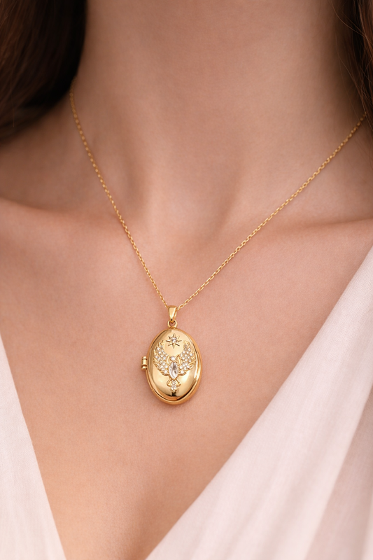 Anka Kuşu Madalyon Kolye – Taşlı Açılır Tasarım Paslanmaz Çelik Kolye