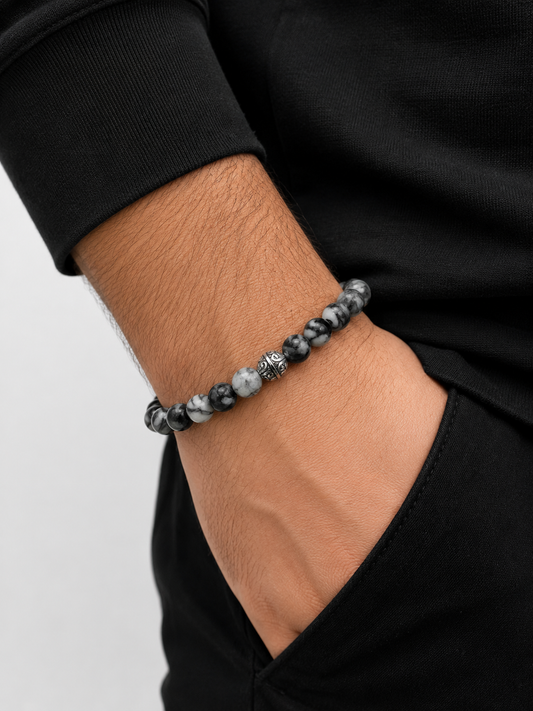 Siyah Beyaz Rodonit Taşı Bileklik 8 mm | Doğal Taş Unisex Bileklik