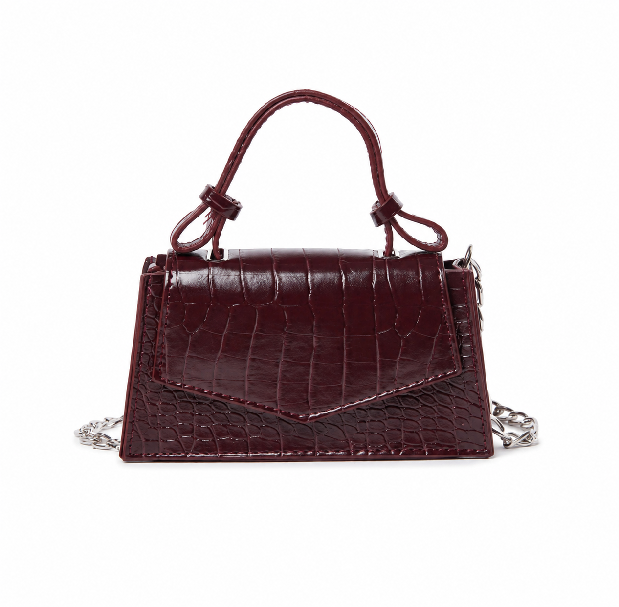 Bordo Kroko Desenli Zincir Askılı Kadın Mini Çanta