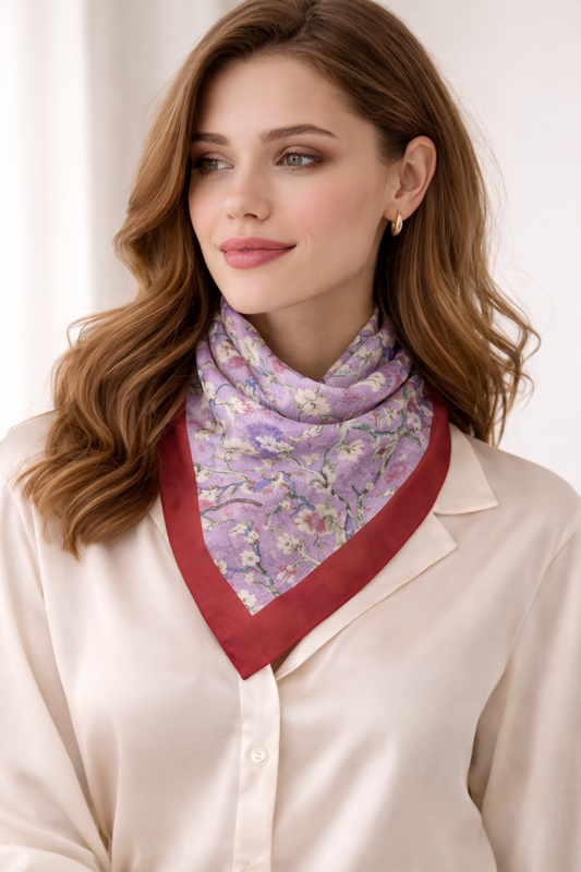 Bordo Kenar Detaylı Lila Çiçek Desenli %100 Saf İpek Fular