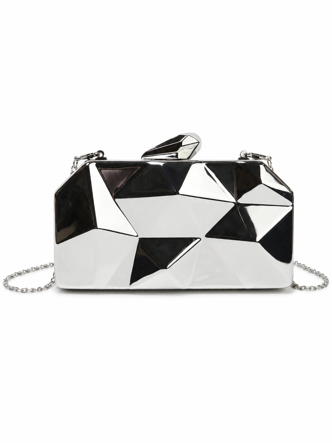 Metalik Gümüş Geometrik Abiye Clutch Çanta Zincir Askılı Kadın El Çantası