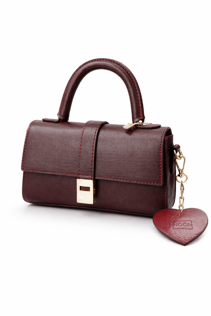 Bordo Kadın El ve Omuz Çantası – Mini Top Handle Çanta, Gold Kilit Detaylı Şık Tasarım