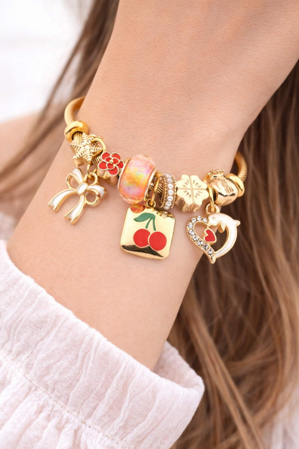 Çelik Pandora Gold Kiraz Charm Bileklik