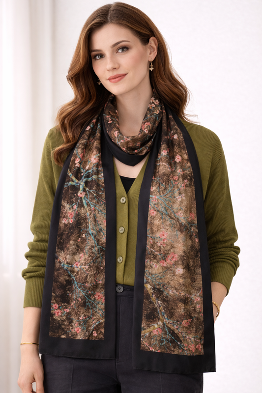 Siyah Kenar Detaylı Çiçek Desenli %100 Saf İpek Fular