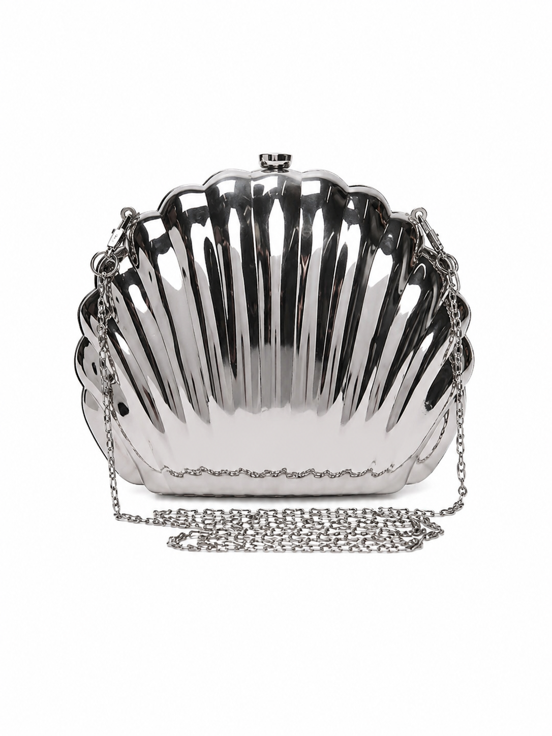 Metalik Gümüş Deniz Kabuğu Tasarımlı Kadın Abiye Clutch Çanta